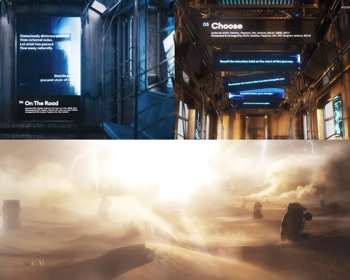 fiddledumplings's tweet image. where did the train take us to with this desert, storm, overturned tactical vehicles, and a city in the distant background 👀