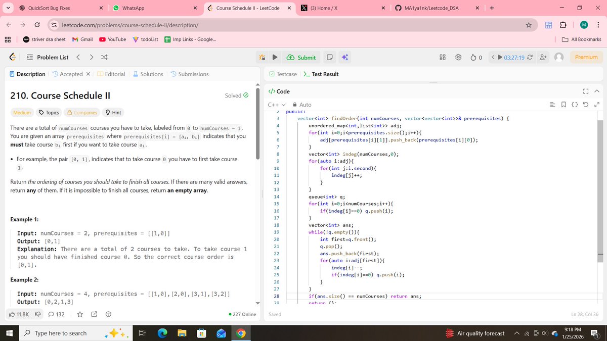 MayankK53059499's tweet photo. #day95 of DSA
Solved a problem 210 of leetcode.
A graph couse schedule-II, solved using kahn's algorithm.
Github : https://t.co/5mdkatSQ6h
join me in my journey
follow
#100DaysOfCode #BuildInPublic #problemSolving #Consistency #CodingChallenge #LeetCode #CodeJourney https://t.co/LTOX8eCiOj