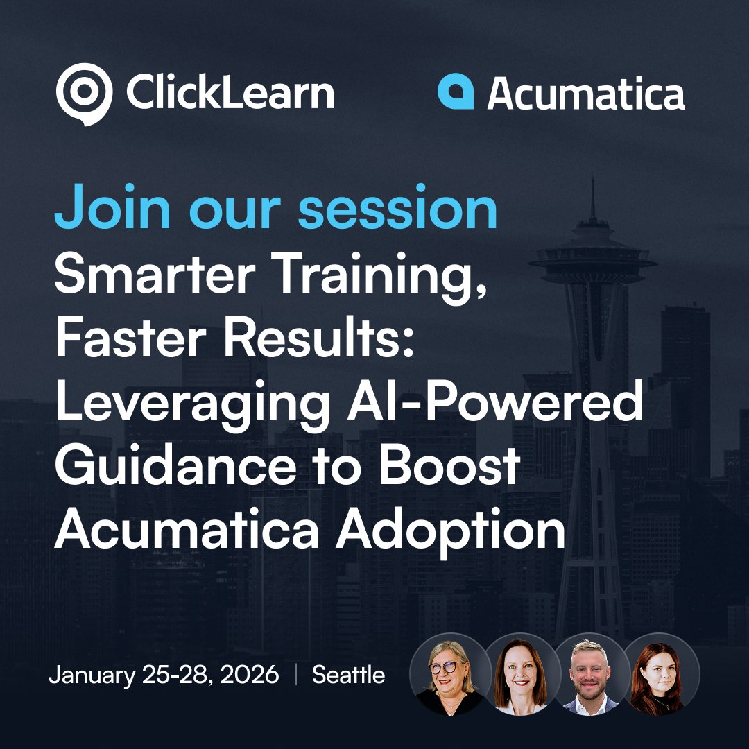 ClickLearn's tweet photo. Want the keys to smarter documentation and AI-powered user guidance in Acumatica - plus a goodie bag? That’s what we’re bringing to Acumatica Summit 2026. If you’re tired of: 
⚡ Re-doing documentation after every release 
⚡ Answering the same user questions over and over 
⚡ Training that disappears the moment people leave the room 

Then our 30-minute session is built for you: 
“Smarter Training, Faster Results: Leveraging AI-Powered Guidance to Boost Acumatica Adoption.” 

For authors, this means getting more done with less effort.  
And for your end-users, getting more work done with less software friction.  

Save your seat: https://t.co/nf8rW3Vwoo
PS: Swing by the ClickLearn booth 423 and meet the team. 

#AcumaticaSummit #ClickLearn #UserAdoption #DigitalAdoption #ERPTraining #AIGuidance #Acumatica #UserTraining #AI