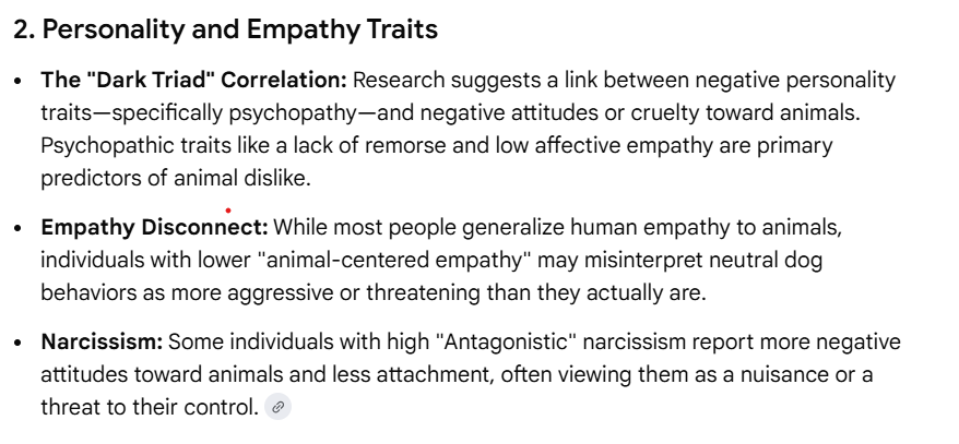 DOG HATE ISN’T A PERSONALITY.. IT’S A PSYCHOLOGICAL TELL!

Extreme dog hatred usually says more about a person’s psychology than about dogs. 🐶

Dogs aren’t a top public safety threat. Not even close.
Yet some people react like every Labrador is plotting a crime documentary.
So