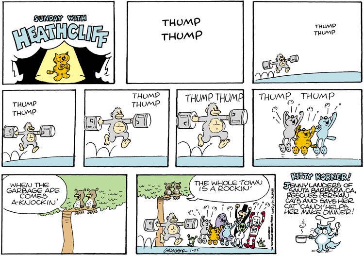 #Heathcliff
#HeathcliffGarbageApe 

This could be the first time a human has seen the Garbage Ape. The fact that it’s one of the Abraham Lincolns that wander the streets of Westfinster makes as much sense as anything else in this strip.