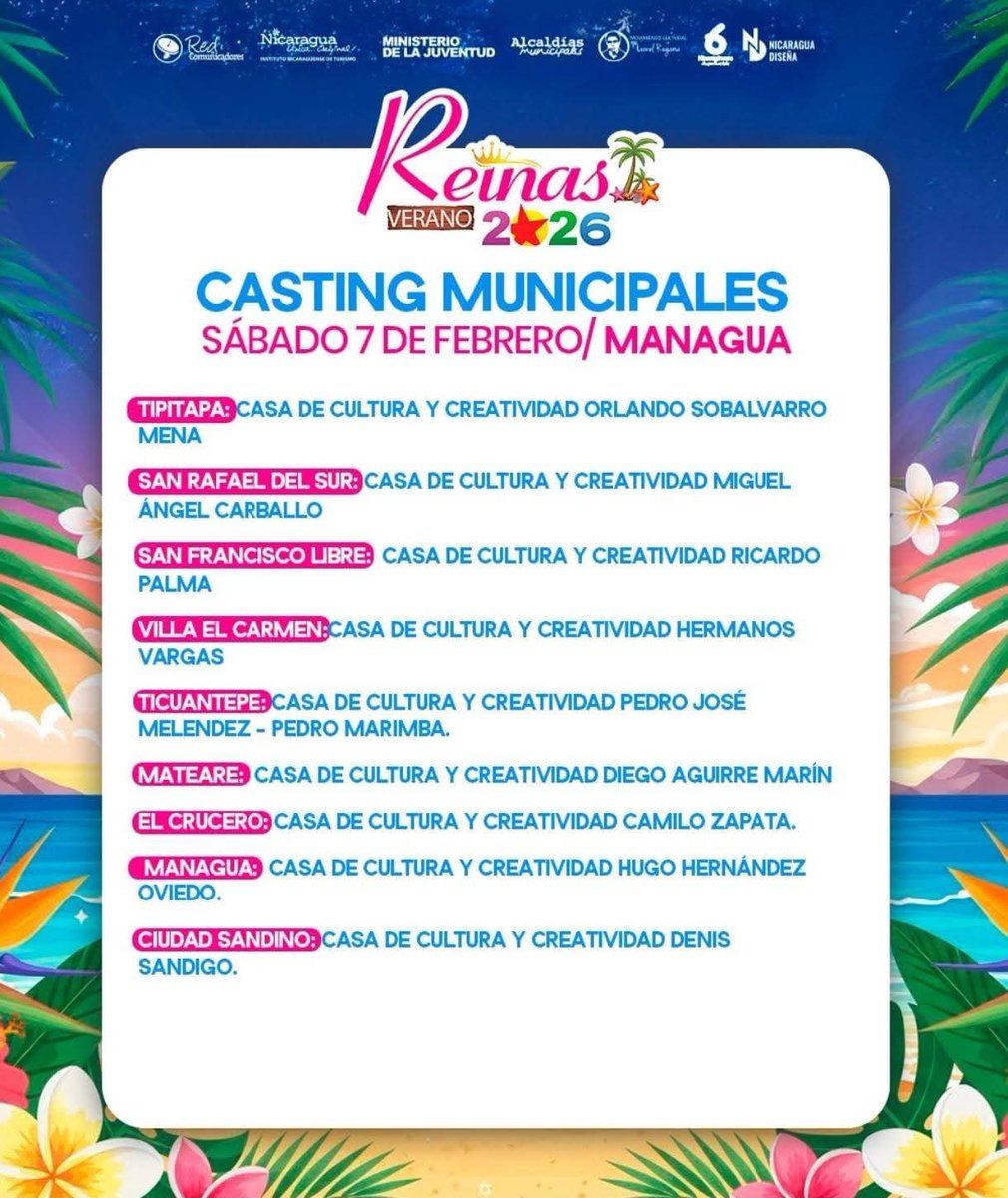 Anímate a inscribirte y participar en esta experiencia inolvidable para vos👑

Inscripciones: en las alcaldías municipales y en las delegaciones departamentales del Intur ✍️

Requisitos: 

Edad:  18 a 25 años
Cédula de identidad vigente

#NicaraguaFascinanteIrresistible