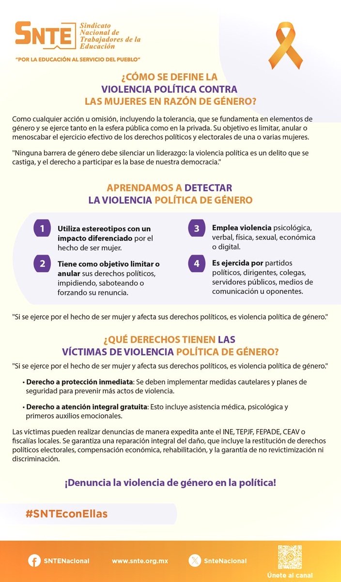 🔴La violencia política contra las mujeres limita sus derechos y liderazgo 🚫👩‍⚖️ Identifica todo tipo de actos que afecten tu participación. ¡Denuncia y protege la democracia! ⚖️ 
#SNTEconEllas