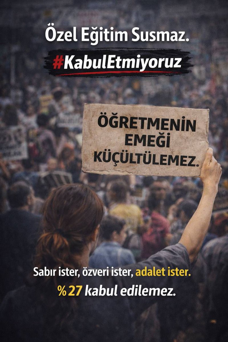 Emek çok, karşılığı az! %27 değil, adil oranda iyileştirme istiyoruz!
#KabulEtmiyoruz
<a href="/RTErdogan/">Recep Tayyip Erdoğan</a> <a href="/EmineErdogan/">Emine Erdoğan</a> <a href="/tcbestepe/">T.C. Cumhurbaşkanlığı</a> <a href="/iletisim/">T.C. İletişim Başkanlığı</a>  <a href="/cbsbb/">T.C. Cumhurbaşkanlığı Strateji ve Bütçe Başkanlığı</a> <a href="/HMBakanligi/">T.C. Hazine ve Maliye Bakanlığı</a> <a href="/tcmeb/">Millî Eğitim Bakanlığı</a> <a href="/tcailesosyal/">T.C. Aile ve Sosyal Hizmetler Bakanlığı</a> <a href="/Yusuf__Tekin/">Yusuf Tekin</a> <a href="/memetsimsek/">Mehmet Simsek</a>
<a href="/tugbaisikercan/">Tuğba IŞIK ERCAN</a>
