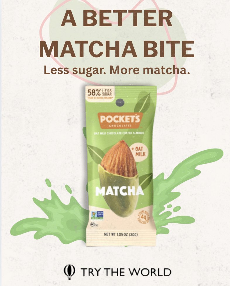 Trytheworld's tweet image. A better matcha bite 🍵✨

 Less sugar, more matcha—this oat milk chocolate–coated almond delivers smooth, satisfying flavor in every bite.

#TryTheWorld #MatchaLovers #BetterForYou #LessSugar #MatchaSnack #SnackSmart #OatMilk #PlantBasedSnacks #HealthySnacking #SnackDiscovery…