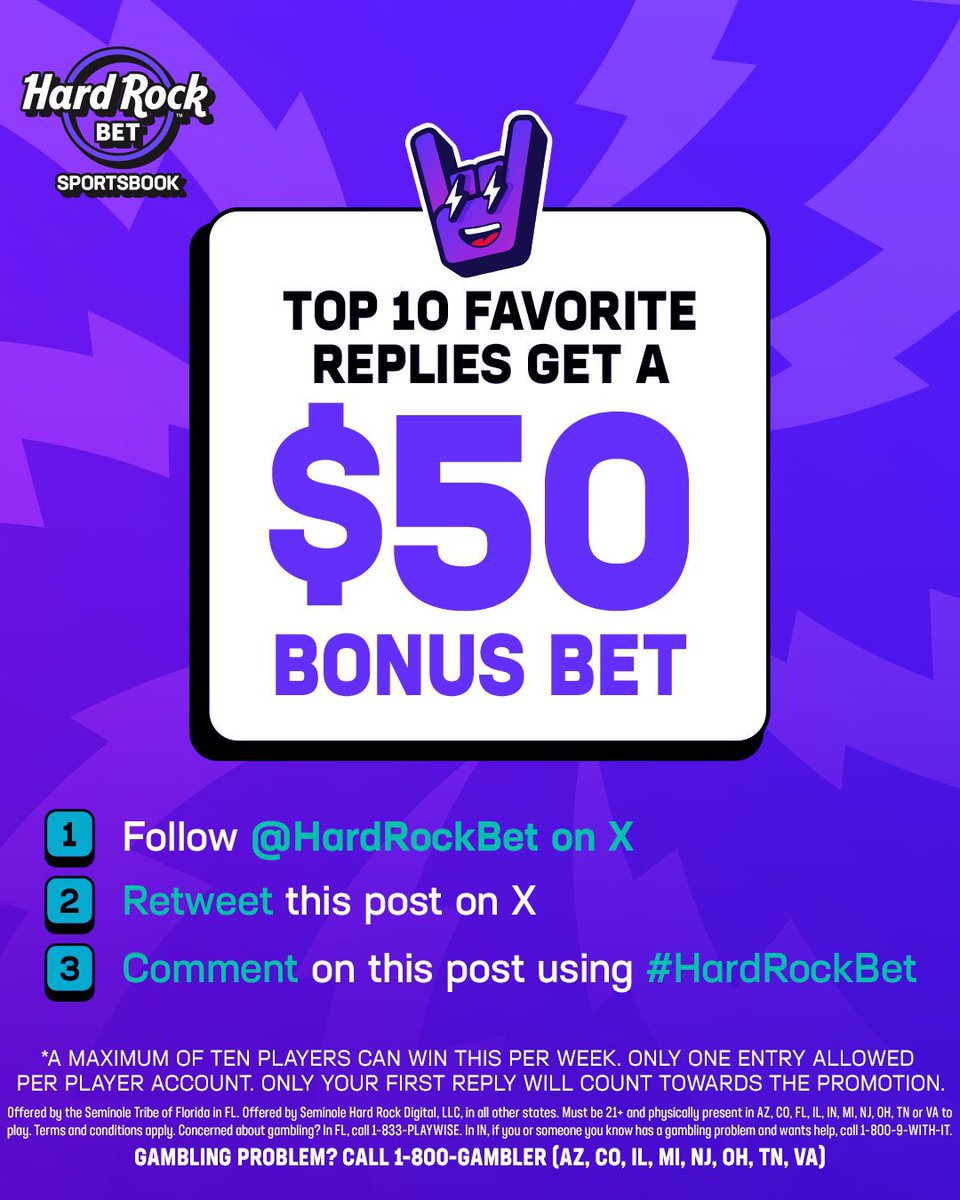 HardRockBet's tweet image. WIN A $50 BONUS BET!

✅ Follow us 
🔁 Retweet 
📲 Comment and use #HardRockBet
💰 Admin will pick their favorite