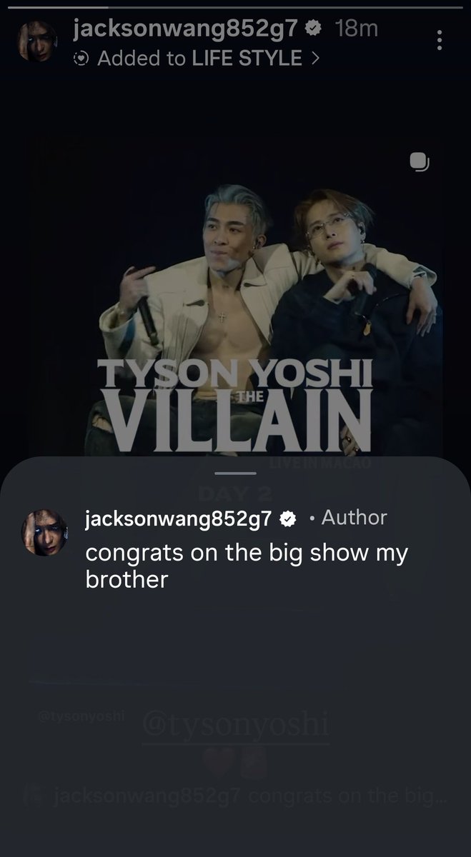 JacksonWGlobal's tweet image. [#JACKSTAGRAM] 260125 

Jackson Wang reposted Tyson Yoshi's post on IG story:
"congrats on the big show my brother
@.tysonyoshi ❤️🚨" 

#SEXGOD #JacksonWang #王嘉尔 #잭슨 #TEAMWANG