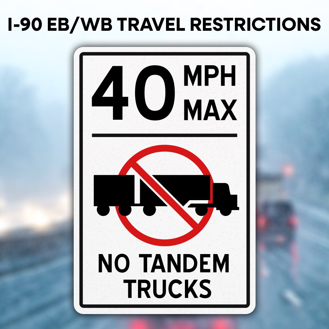 MassDOT's tweet image. Travel advisory: I-90 EB/WB Speed Limit Reduced to 40 MPH and No Special Permitted Vehicles or Tandems from NY Border to MM-59, in #Ludlow. #MASnow