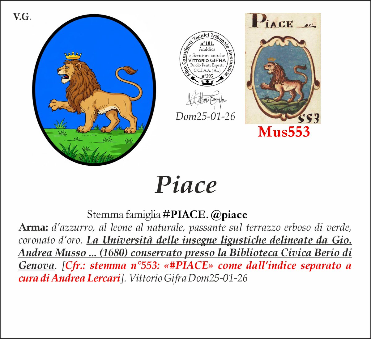 VGIFRA's tweet image. Stemma famiglia #PIACE. @piace
Arma: d’azzurro, al leone al naturale, passante sul terrazzo erboso di verde, coronato d’oro. La Università delle insegne ligustiche delineate da Gio. Andrea Musso ... (1680) conservato presso la Biblioteca Civica Berio di Genova. [Cfr.: stemma