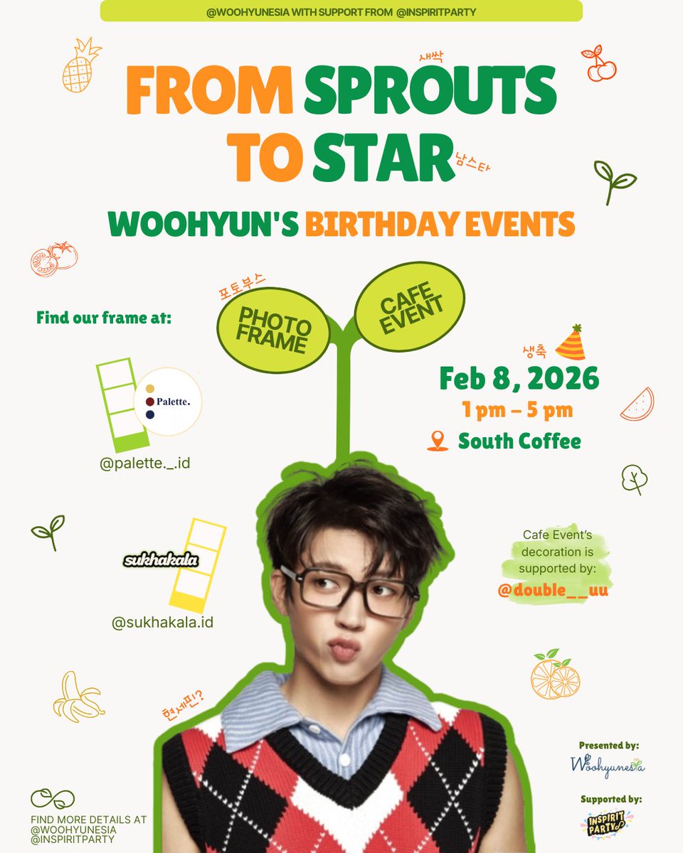 🍊🍒🍌🍅𝑾𝑶𝑶𝑯𝒀𝑼𝑵𝑬𝑺𝑰𝑨 𝑷𝑹𝑬𝑺𝑬𝑵𝑻🍅🍌🍒🍊

Woohyun's birthday events: "FROM SPROUTS TO STAR"

🌱Photoframe event
🌱Cafe event

Supported by <a href="/inspiritparty/">Inspirit Party 🎉</a>
Cafe decoration is supported by <a href="/double__uu/">더블유w</a>

#From_Sprouts_to_Star
#NamWooHyun #남우현
#INFINITE #인피니트