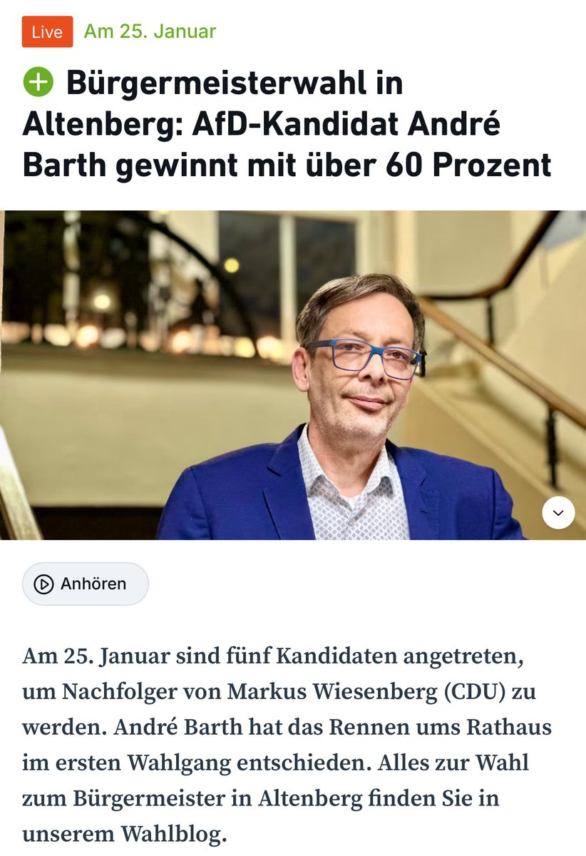 Politisches Beben in Sachsen.

In Altenberg wurde heute André Barth zum AfD-Bürgermeister gewählt.

Nicht durch Tricks.
Nicht durch Hinterzimmer.
Sondern durch Bürgerstimmen.

Während Berlin noch von „Brandmauern“ redet, wählen die Menschen vor Ort Verantwortung statt Belehrung.