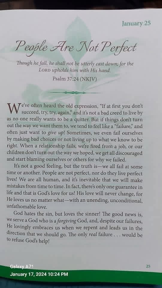 Godwakeupcall's tweet image. January 25
PEOPLE ARE NOT PERFECT 
#KeyText: Psalm 37:24
#By: Brenda Walsh 
#OneMinuteDailyDevotional