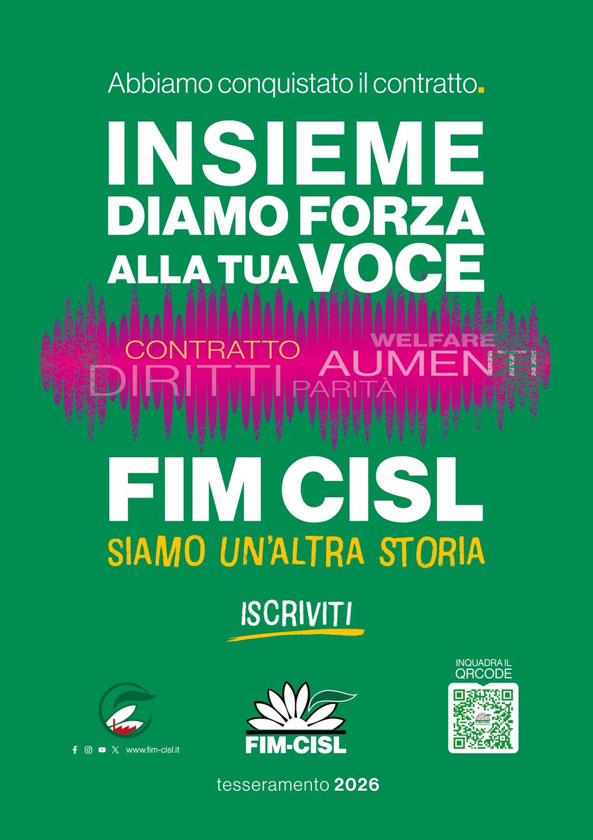 FIMCislStampa's tweet photo. 🟢 Parte la campagna tesseramento #FimCisl 2026 🟢

Essere parte della FIM significa non essere mai soli davanti alle sfide del mondo del lavoro. 

✅ ISCRIVITI OGGI. Scansiona il QR code, passa a trovarci nella sede più vicina a te oppure CLICCA QUI 👇
https://t.co/ifCIvIutIx https://t.co/YGLVv8NXN8