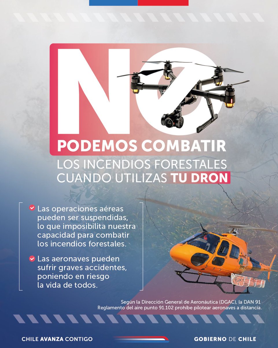 Está prohibido el uso de drones en zonas con incendios en combate 🚫

⏩️ El uso de las aeronaves no tripuladas puede poner en peligro la vida de los pilotos de helicópteros y aviones que trabajan en el control de estos siniestros.