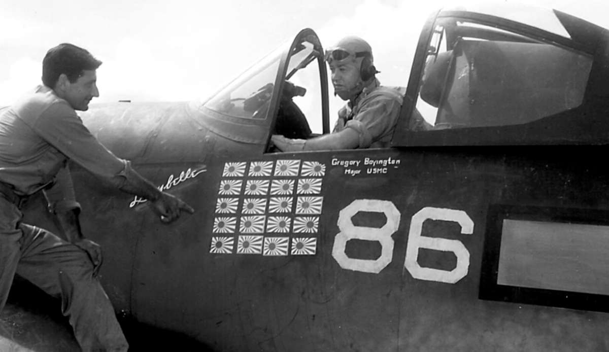USAS_WW1's tweet image. #NativeAmerican #Celebrities #TV #Hollywood: Greg "Pappy" Boyington, Brulé Sioux (Lakota); Flying Tigers, USMC, 2 to 6 + 22 victories, Medal of Honor, Navy Cross. Commanded VMF-122, VMF-112 and VMF-214. Shot down. Captured. POW 1.5 years. Inspired “Baa Baa Black Sheep” TV show.