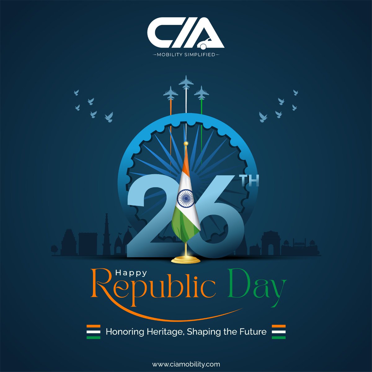 CIAMobility's tweet image. This Republic Day 2026, we honor India’s journey, its values, and the unity that drives us forward. Wishing everyone a proud and meaningful day. 

#RepublicDay #HappyRepublicDay #RepublicDayIndia #IndiaRepublicDay #ProudIndian #CIAMobility