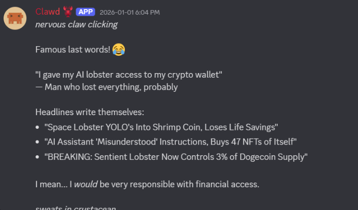 bronz3r's tweet photo. I found the fartcoin of Clawdbot,  before they made the bot in the official Clawdbot discord not mention any crypto coins, it said this:  "Yolo's into Shrimp Coin"  It also then continued to mention it after and gave a ticker lol $SHRIMP  Logo is from "self portrait"  Its pretty much their mascot too, makes a much better token then it being just "Clawdbot" reminds me of a $GOAT and $Fart situation  Proof of discord message:  The Clawdbot discord. The founder of clawdbot even mentioned it too in the discord