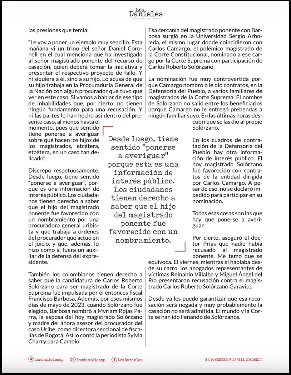 #ElPonente 
El genocida Álvaro Uribe y el uribismo narcoparamilitar ya compraron su impunidad.
Al Magistrado Carlos Roberto Solórzano Garavito ya le pagaron con puestos para su hijo en la procuraduría y a su esposa en la fiscalía.
Negará  la casación y ahí terminará el proceso.
