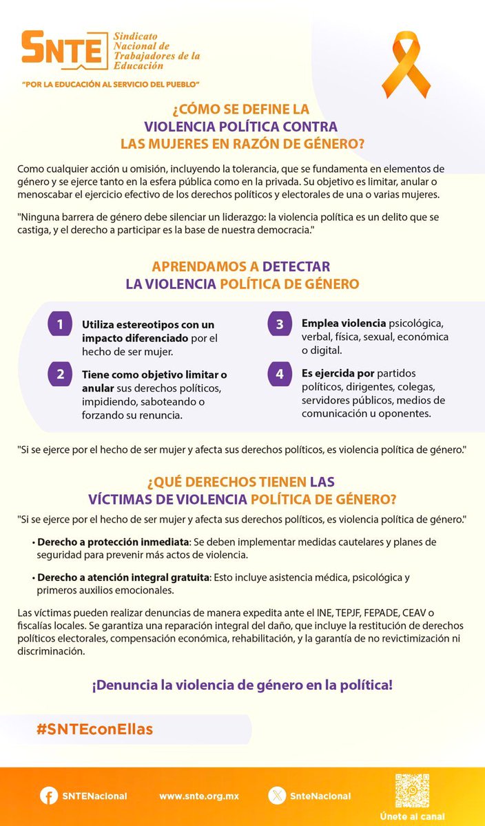 🔴La violencia política contra las mujeres limita sus derechos y liderazgo 🚫👩‍⚖️ Identifica todo tipo de actos que afecten tu participación. ¡Denuncia y protege la democracia! ⚖️ 
#SNTEconEllas