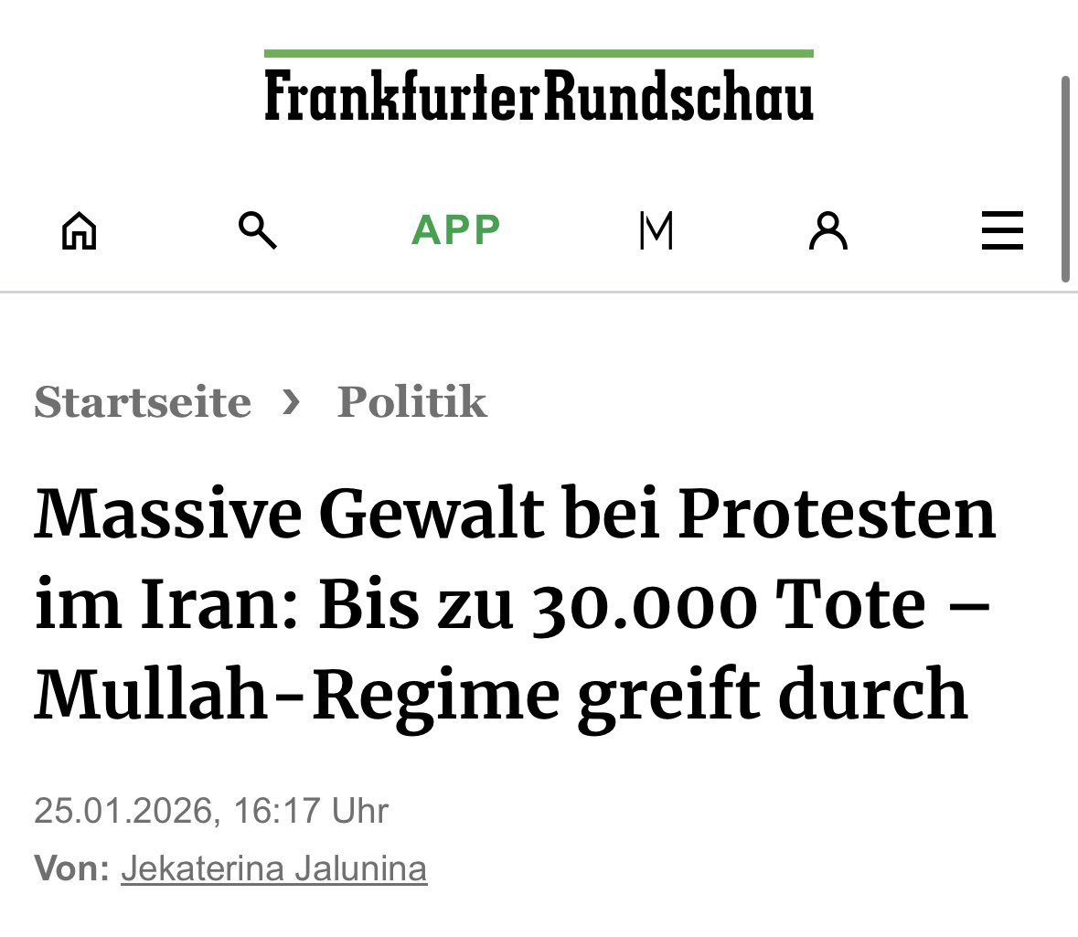 30.000 getötete Oppositionelle und ihr schreibt 
“das Mullah-Regime greift durch”?!?! 

Greift durch? GREIFT DURCH? 

Habt ihr se noch alle??? 🤬