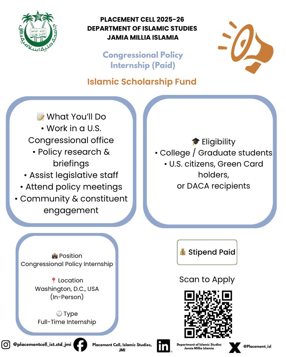 Placement_isl's tweet photo. opportunities for our students! Explore new internships and job prospects shared by the Department of Islamic Studies. ✨
#JamiaMilliaIslamia #IslamicStudies #CareerOpportunities #InternshipAlert #PlacementCell #FutureLeaders https://t.co/DXLNQNORIE