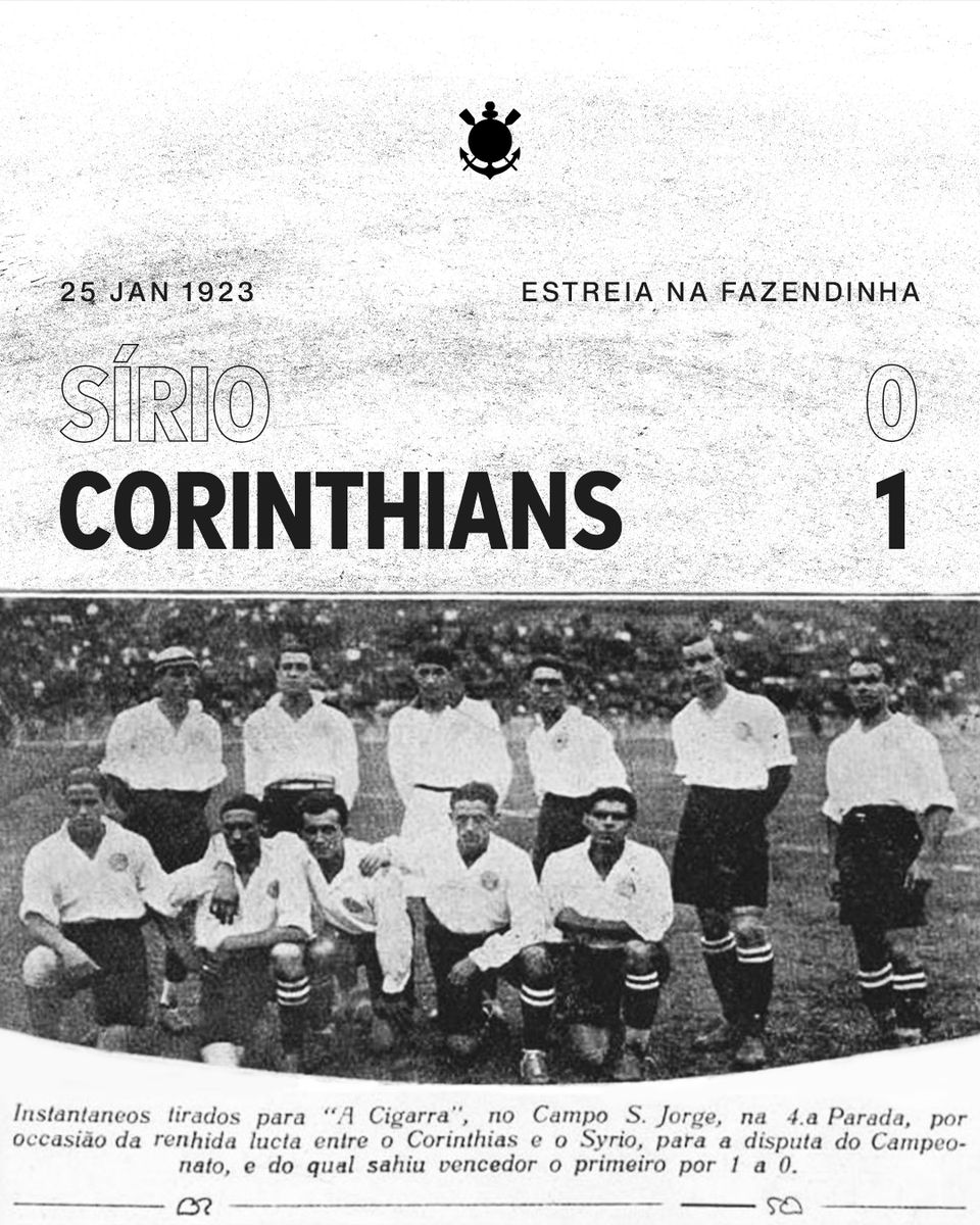 Corinthians's tweet photo. A PRIMEIRA PARTIDA DO CORINTHIANS NO PARQUE SÃO JORGE! 🖤🤍

No dia 25 de janeiro de 1923, o Timão realizou o seu primeiro jogo na Fazendinha, que antes se chamava Campo de São Jorge.

Detalhe: o Coringão foi visitante na oportunidade. Naquela época, o campo era alugado pelo E.C. Sírio. Anos depois, o Corinthians comprou o terreno da Fazenda São Jorge, aumentou e reinaugurou o Estádio Alfredo Schürig como sua casa. 🏠

⚔️ E.C. Sírio 0 🆚 1 Corinthians
⚽ Gambarotta

#CulturalDoCorinthians
#VaiCorinthians