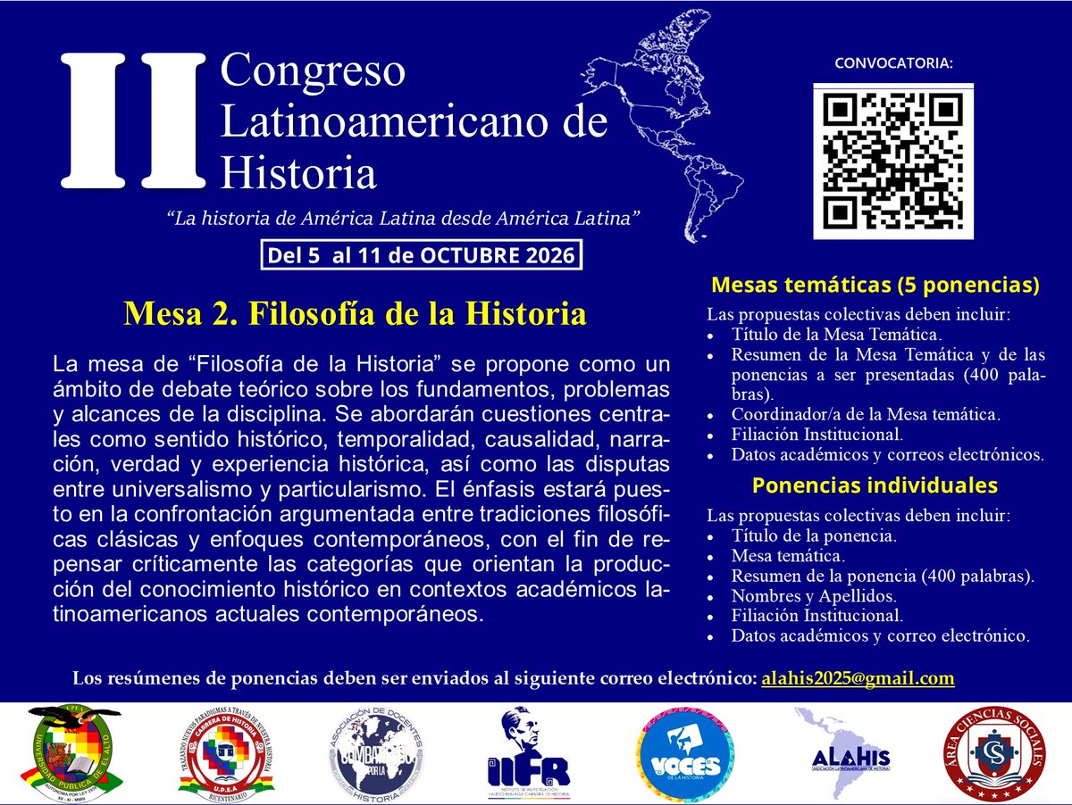 _ALAHIS's tweet photo. Te invitamos a participar de la Mesa: FILOSOFÍA DE LA HISTORIA
#IICongresoLatinoamericanodeHistoria

Mayor información:
https://t.co/CPyu9RG6M2

#Congreso #latinoamerica #América #alahis #ComprometidosConLaHistoria #UPEA https://t.co/0YZptLHIMP