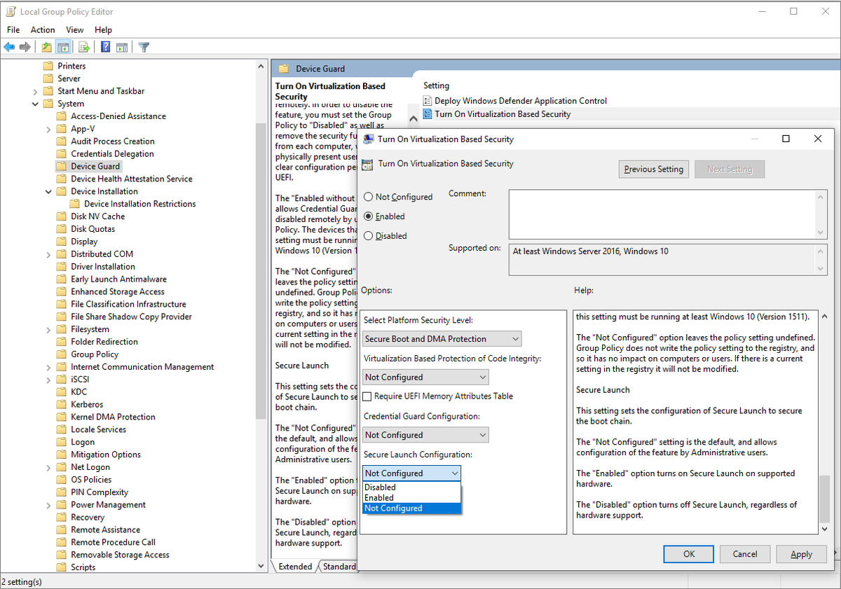 TheHiser's tweet photo. @StevenKister1 First screenshot, disable secure launch. Also can remove the registry key/set to disable if not set by GPO. Testing on it tomorrow to validate functionality. https://t.co/qIvPwY7Tfk