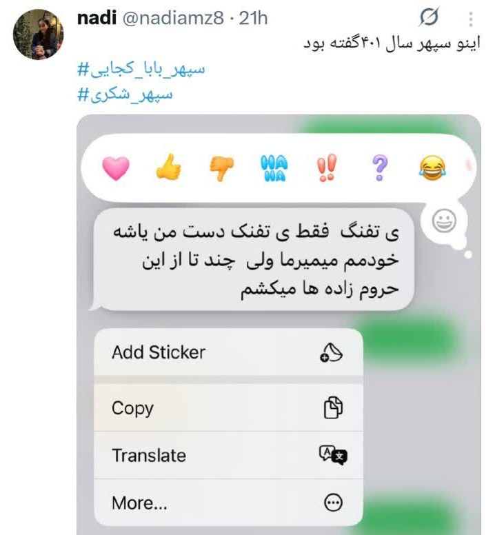 مظلومیت و بی گناهی سپهر بابا رو شاهد هستین 
احتمالا امسال ت‌فنگ دست خودتو دوستات بوده ، ک‌شته سازی هم که کنتور نمی‌اندازه !
#عملیات_تروریستی_۱۸دی
#January8TerroristAttack