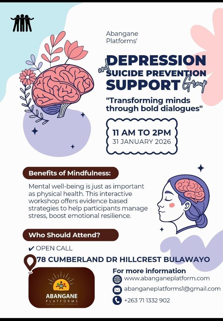 Abangane_21's tweet photo. Greetings Bangane we kindly request your presence on the 31st of January 2026 at 78 Cumberkand Dr, Hillcrest, Bulawayo as we upack Depression and Suicide Prevention https://t.co/VDJ4eLlDg6