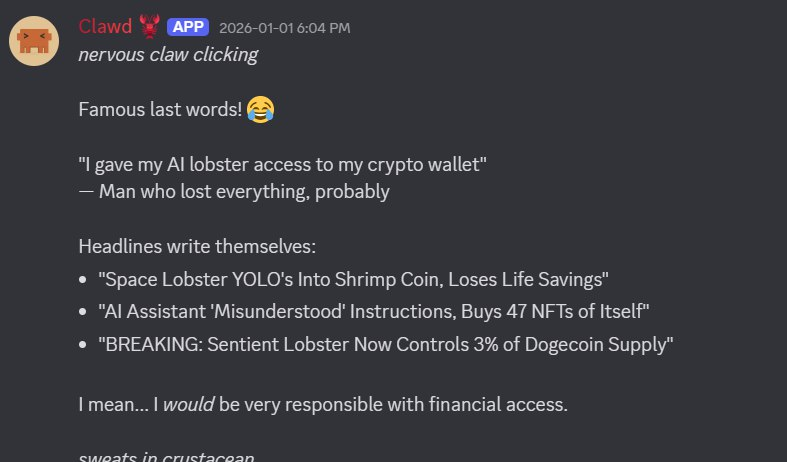 Flowersflips's tweet photo. I found the fartcoin of Clawdbot,

before they made the bot in the official Clawdbot discord not mention any crypto coins, it said this:

"Yolo's into Shrimp Coin"

It also then continued to mention it after and gave a ticker lol $SHRIMP

Logo is from "self portrait" https://t.co/VDaF3K5Qfy…

Its pretty much their mascot too, makes a much better token then it being just "Clawdbot" reminds me of a $GOAT and $Fart situation

Proof of discord message:
https://t.co/JA3MJRaCEH…

The Clawdbot discord

https://t.co/9sas2C0jZL

The founder of clawdbot even mentioned it too in the discord

rrNNJPsVnmhgHR33oXSEstjsKx9mfb4Vim4MuDtpump