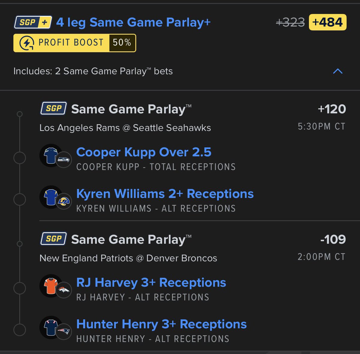 Good morning everyone ☕️

Here’s a simple boosted play for the playoff games today 🤝

Full card is posted, use code “playoffs” for 50% off any package 🤯⤵️

whop.com/empire-sports-…