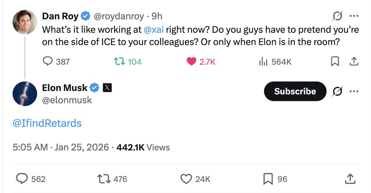 Musk threatens any <a href="/xai/">xAI</a> staffer if they speak out against ICE violence.

If you work at <a href="/xai/">xAI</a>, don't be a loser.

If you get fired the internet will have your back.

Do the right thing. 

Sign the letter: ICEout.Tech via <a href="/ICEoutTech/">ICEout.Tech</a>