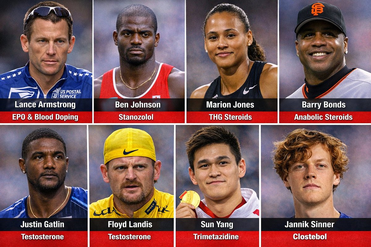 Archaicmind3000's tweet image. The Mount Rushmore of Doping Athletes

- Lance Armstrong: EPO &amp;amp; Blood doping
- Ben Johnson: Stanozol
-Marion Jones: THG Steroids
- Barry Bonds: Anabolic Steroids
- Justing Gatlin: Testosterone
- Floyd Landis: Testosterone
- Sun Yang: Trimetazidine

AND Jannik Sinner: Clostebol
