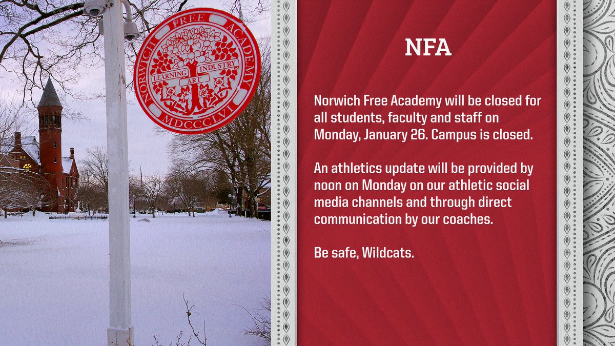nfaschool's tweet photo. No school on Monday, January 26, Wildcats. Be safe! https://t.co/Jaam9c8bpX