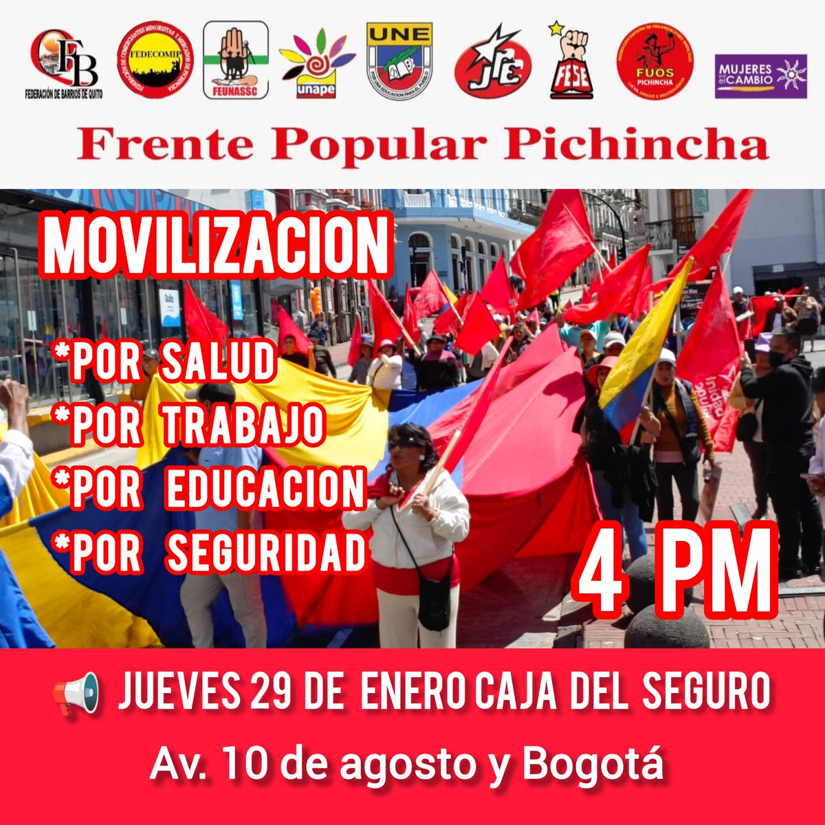 cucomitae73's tweet image. #MovilizacionNacional 
#FrentePopular #Pichincha  
Las Organizaciones Sociales y Populares de maestros, trabajadores, comerciantes, estudiantes, campesinos alzamos la voz por nuestros derechos y por un país digno para todas y todos
Todos a las Calles 📢 
📅 29 de enero
⏰ 4:00 pm