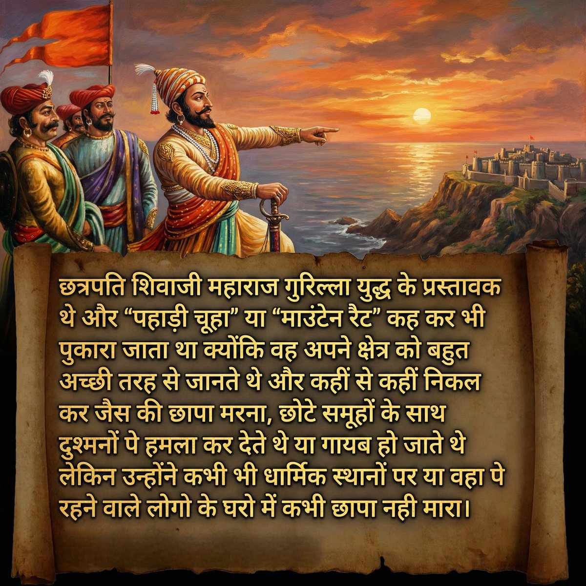 mksbihari's tweet photo. “गुरिल्ला युद्ध के जनक: छत्रपति शिवाजी महाराज 🚩”
जो दिखाई दे, वही सच हो — यह ज़रूरी नहीं ❗
छत्रपति शिवाजी महाराज केवल एक योद्धा नहीं, बल्कि
रणनीति, बुद्धि और मर्यादा के प्रतीक थे ⚔️🛡️
उन्हें “पहाड़ी चूहा” या “माउंटेन रैट” कहा गया,
क्योंकि वे अपने क्षेत्र को हथेली की रेखाओं की तरह जानते थे 🏔️
कभी अचानक आक्रमण, तो कभी पलक झपकते ही अदृश्य हो जाना 👀
छोटे दलों के साथ बड़े-बड़े शत्रुओं को परास्त करना
यही थी उनकी अद्वितीय गुरिल्ला युद्ध नीति 🔥
लेकिन उनकी महानता केवल युद्ध तक सीमित नहीं थी 🙏
उन्होंने कभी भी धार्मिक स्थलों पर आक्रमण नहीं किया
और न ही आम जनता के घरों में छापा मारा 🏠
मानवता, धर्म और न्याय ही उनके शासन की नींव थी ❤️
इसी कारण छत्रपति शिवाजी महाराज
आज भी केवल इतिहास नहीं,
बल्कि हर भारतीय की प्रेरणा हैं 🚩👑
#छत्रपति_शिवाजी_महाराज
#शिवाजी_महाराज
#गुरिल्ला_युद्ध
#भारत_का_इतिहास
#मराठा_साम्राज्य
#वीर_शिवाजी
#भारतीय_गौरव
#सनातन_संस्कृति
#इतिहास_से_प्रेरणा
#राष्ट्र_गौरव 
#ChhatrapatiShivajiMaharaj
#ShivajiMaharaj
#GuerrillaWarfare
#IndianHistory
#MarathaEmpire
#VeerShivaji
#HistoryFacts
#ProudIndian
#SanatanSanskriti
#DesiWarrior
#HinduKing
#InspirationDaily
#भारतकेवीर