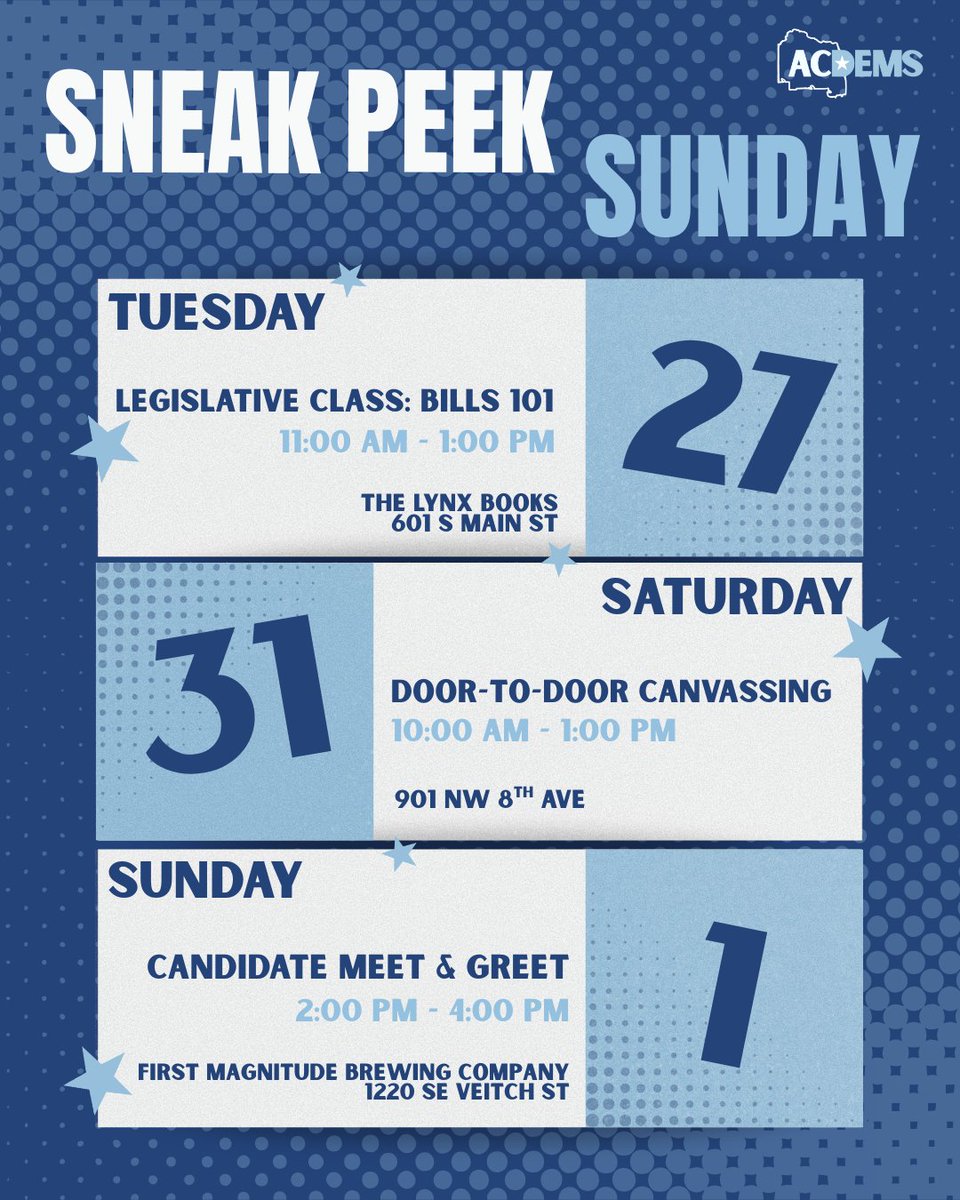 Check out some of the great events we have going on this week! Hope to see you there. Check out our Mobilize at mobilize.us/alachuadems/ for more information 💙

#AlachuaDemocrats #SneakPeekSunday