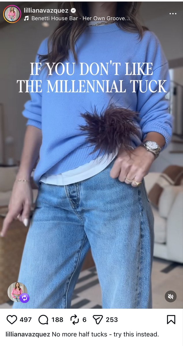 SallyRoth's tweet image. Women are lost on Insta (or being paid). This is a popular style influencer. See her post from yesterday, the threat to followers that disagree (attackers), and an example of what ALL of her posts look like every single day from here back to the stone ages. “It’s not cute”…