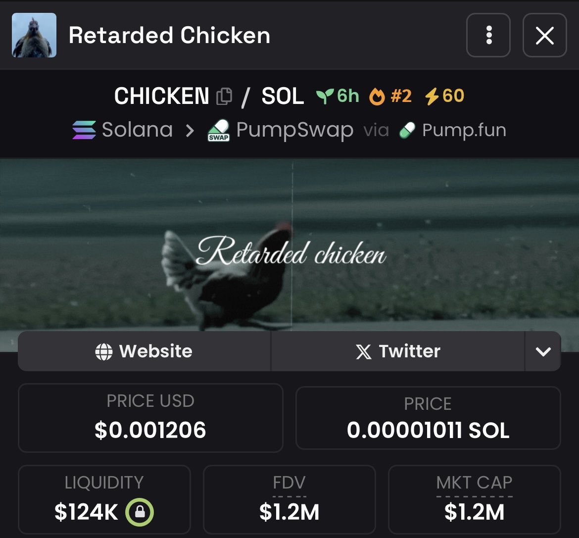 As promised:

The next low-cap runner is here.

$CHICKEN just went live 🐔🔥

6h old.
Locked liquidity.
Momentum building fast.

If others did 100M+, this one doesn’t need much imagination.

Eyes on this.
#SOL #Memecoin #CHICKEN