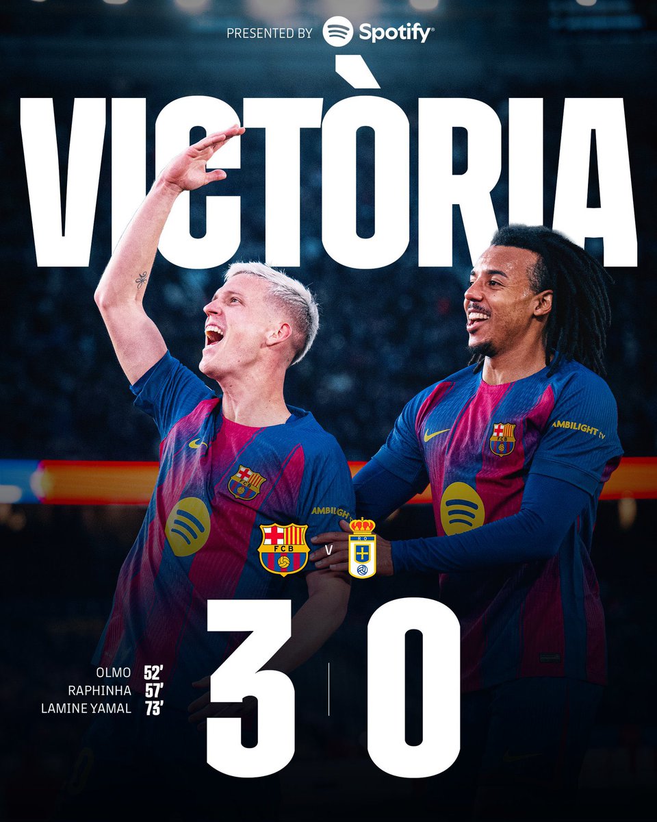 🚨🔚 FIN DU MATCH 🔚🚨

𝐅𝐂𝐁 3️⃣ - 0️⃣ 𝐎𝐕𝐈

DANI OLMO ⚽️
RAPHINHA ⚽️
YAMAL ⚽️

VICTOIRE BLAUGRANAAAA 👊🔵🔴

Le Barça récupère sa place en tête du championnat ! Grace à une seconde période plus sérieuse, nos joueurs ont réussi à faire la différence et plier le match