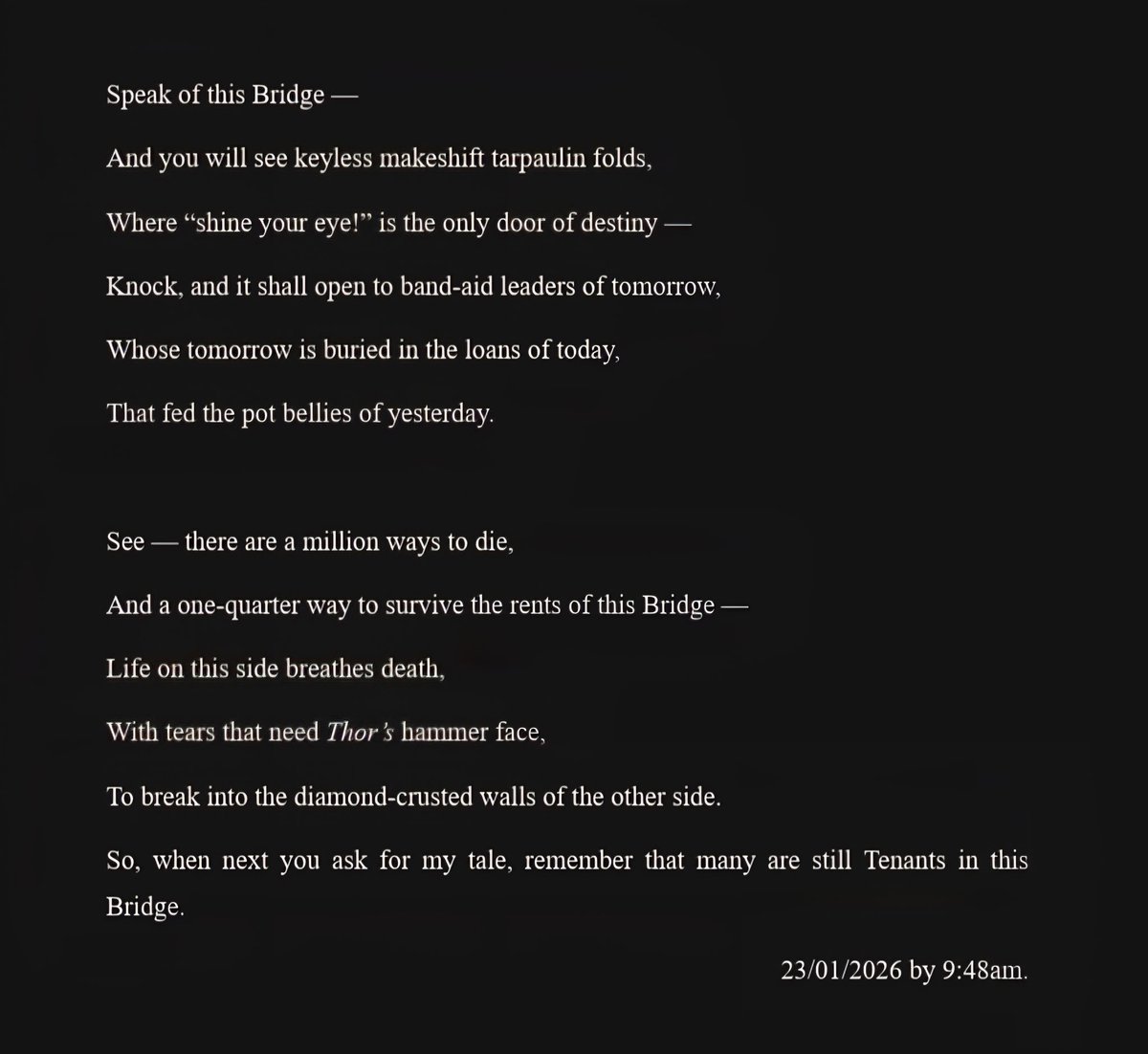 EastPOET19's tweet photo. "Tenants of the Bridge (2)"

#homelessmen #POEMS #poetrycommunity #Africa #spokenword #GhettoLove #makoko #lagos 

#EastPOET✍️✍️✍️ https://t.co/HVASeQ6Zxy