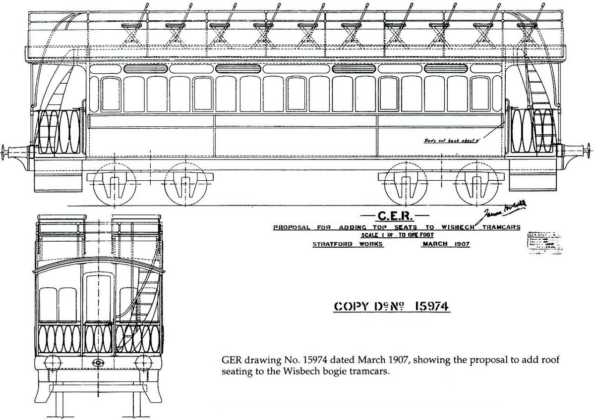 With overcrowding during the summer &amp; the GER reluctant to provide more stock for the W&amp;U, in March 1907 Stratford drew up plans to fit roof seating to its bogie tramcars. Though it added 40 seats, this 'fair weather' provision was too costly due to necessary roof strengthening.