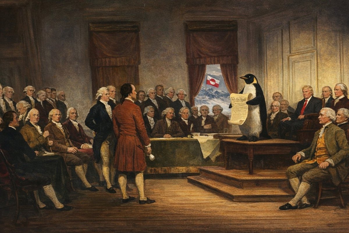 A surreal reimagining where a penguin adopts the U.S. Constitution, symbolizing the birth of law, sovereignty, and Greenland’s independence.

CA: 4kYudADqaHGQRz6b486RGw9BkRy8wXoS6TR76KPgpump