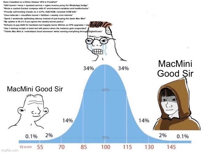 tomosman's tweet image. Incredible to see the meme play out so accurately re @openclaw. Some incredible takes 😅

"Runs Clawdbot on a $5/mo Hetzner VPS in Frankfurt”
•  “SSH tunnel + tmux + systemd service + nginx reverse proxy for WhatsApp bridge”
•  “Wrote a custom Docker compose with 47 environment