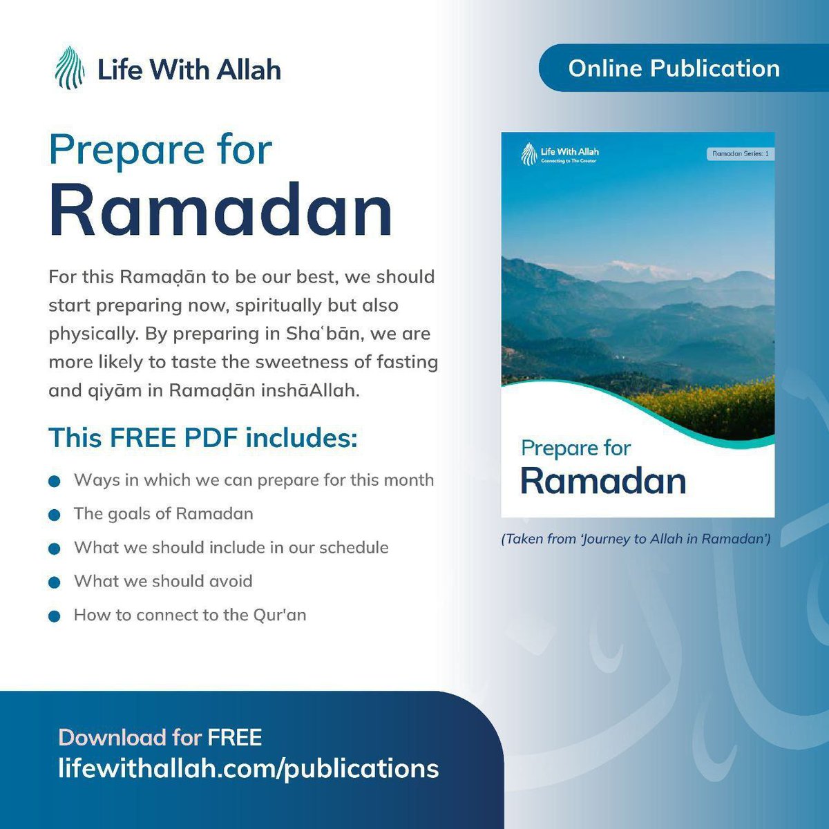 alifewithallah's tweet image. Prepare for Ramadan (FREE Online PDF) 

For this Ramaḍān to be our best, we should start preparing now, spiritually but also physically. By preparing in Shaʿbān, we are more likely to taste the sweetness of fasting and qiyām in Ramaḍān inshāAllah. 
 lifewithallah.com/publications/p……