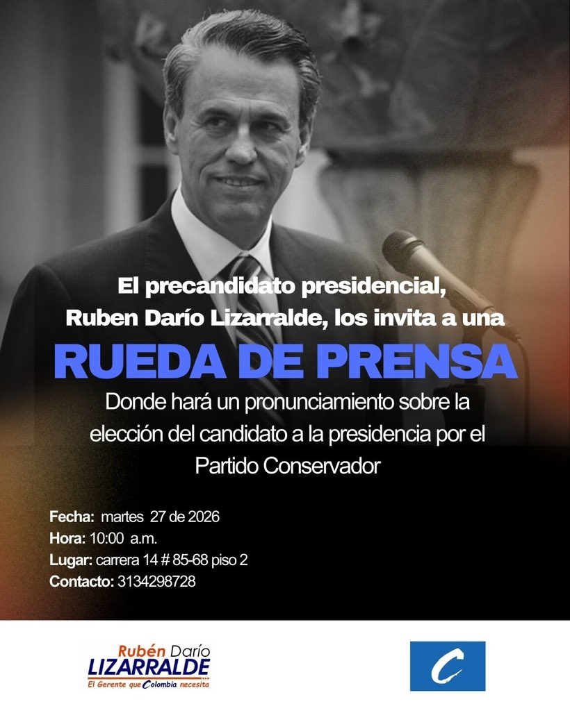 Invito a periodistas y comunicadores, a esta rueda de prensa, un espacio para compartir sobre una decisión trascendental del Partido Conservador frente a la elección de su candidato a la Presidencia de la República. 

Este es un momento muy special para Colombia. Muchos