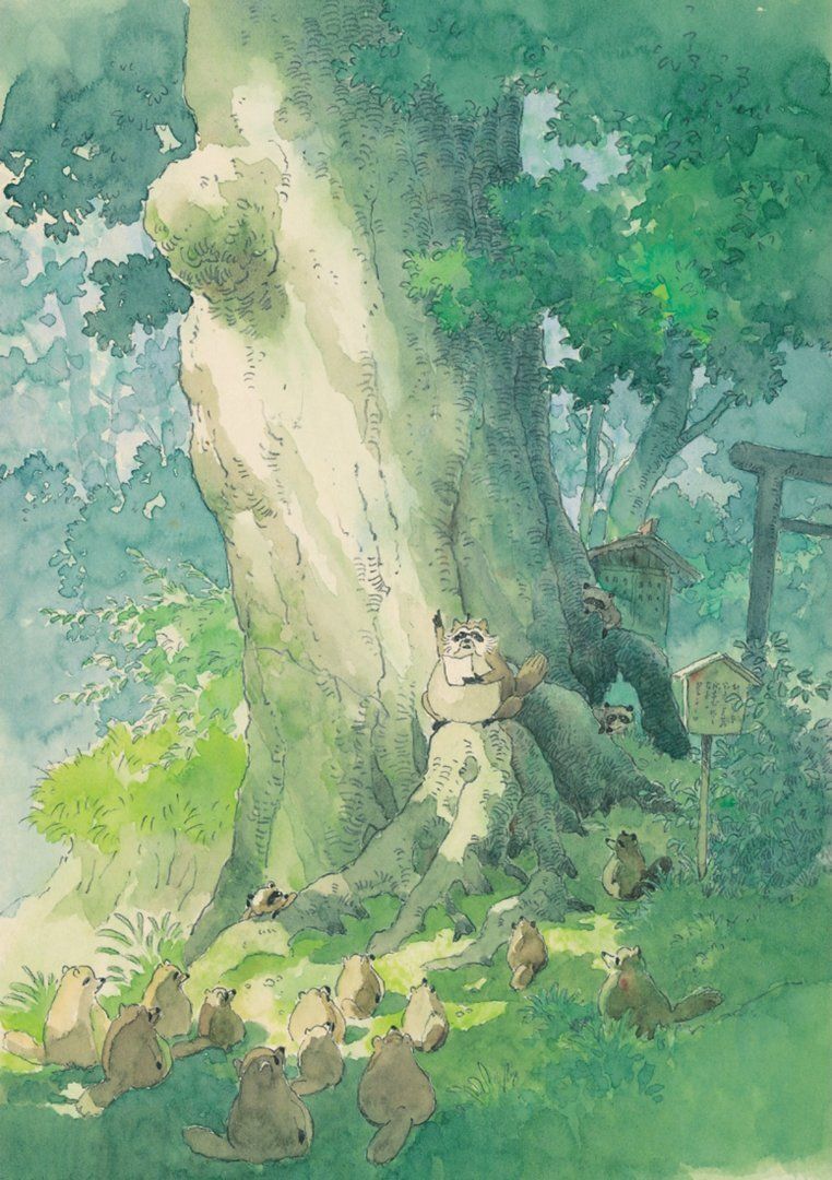 PhotoGhibli's tweet image. Pom Poko (1994) Concept art by Kazuo Oga for Studio Ghibli