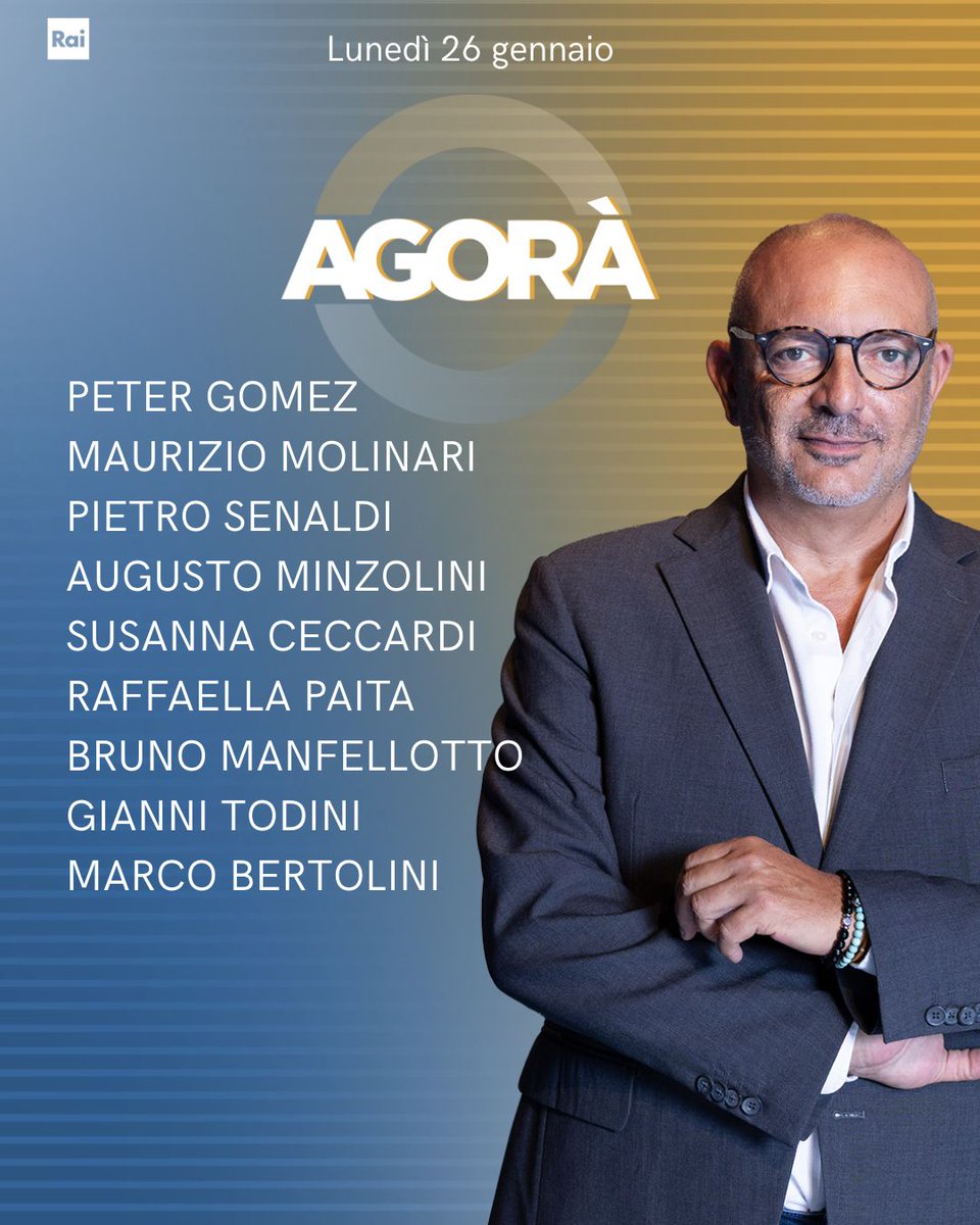 RaiTre's tweet image. Ecco gli ospiti di Roberto Inciocchi di lunedì 26 gennaio ad #AgoraRai.
Vi aspettiamo dalle 8.00 su #Rai3 e #RaiPlay.