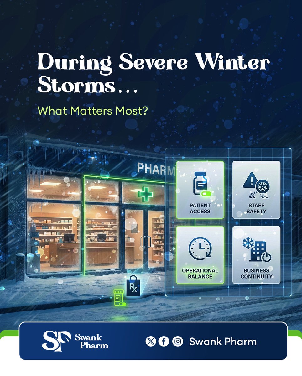 swankpharm's tweet photo. During severe winter storms like the one moving across the U.S. this weekend, what’s most important when deciding if pharmacies should stay open?
A) Access to emergency meds
B) Safety of staff traveling to work
C) Limited hours instead of 24/7
D) Full closure until roads are safe https://t.co/RjwWDyzvbQ